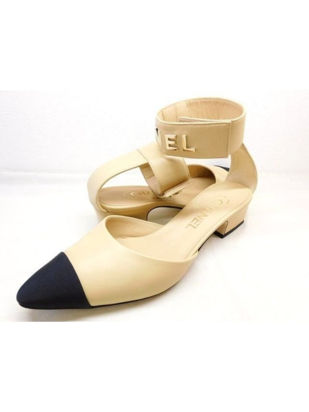 Chanel 37C Leather Ankle Strap Pumps Beige Shoes